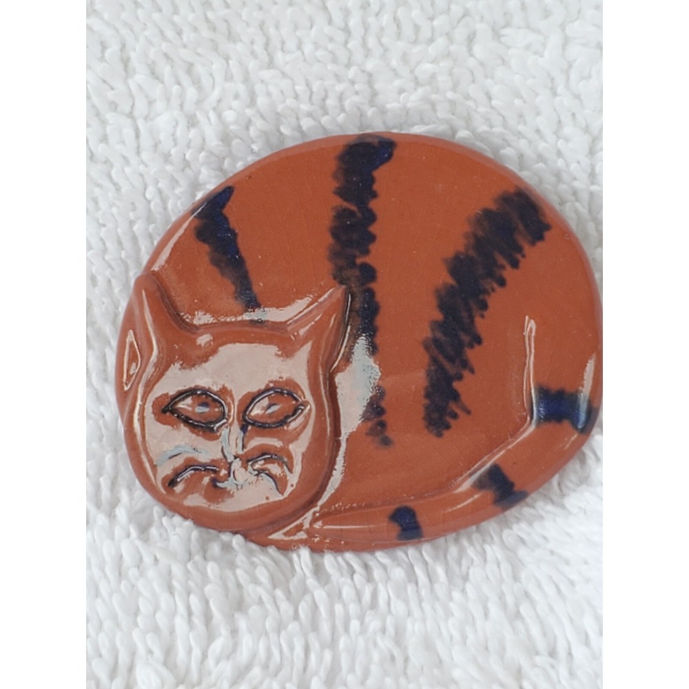 Handmade polymer clay CAT brooch pin orange with black strip signed on back nice